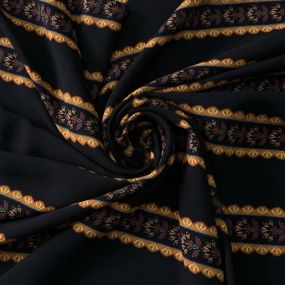Tecido Viscose Estampada Listrado Floral Versalhes Preto e Ocre •