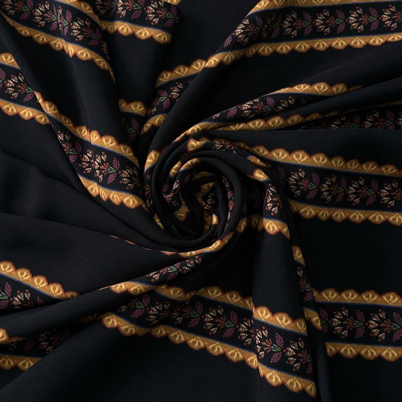 Tecido Viscose Estampada Listrado Floral Versalhes Preto e Ocre •