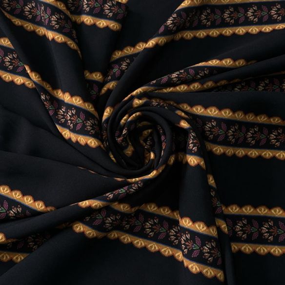 Tecido Viscose Estampada Listrado Floral Versalhes Preto e Ocre •
