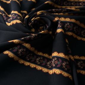 Tecido Viscose Estampada Listrado Floral Versalhes Preto e Ocre • 2