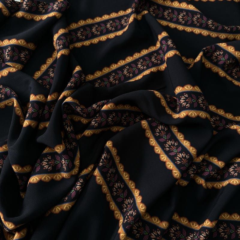 Tecido Viscose Estampada Listrado Floral Versalhes Preto e Ocre •