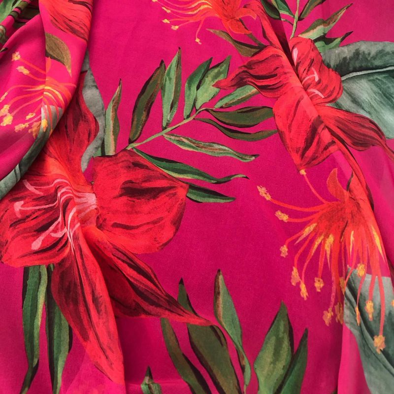 Tecido Musselina Toque De Seda Estampada Hibisco Rubi • Conexão