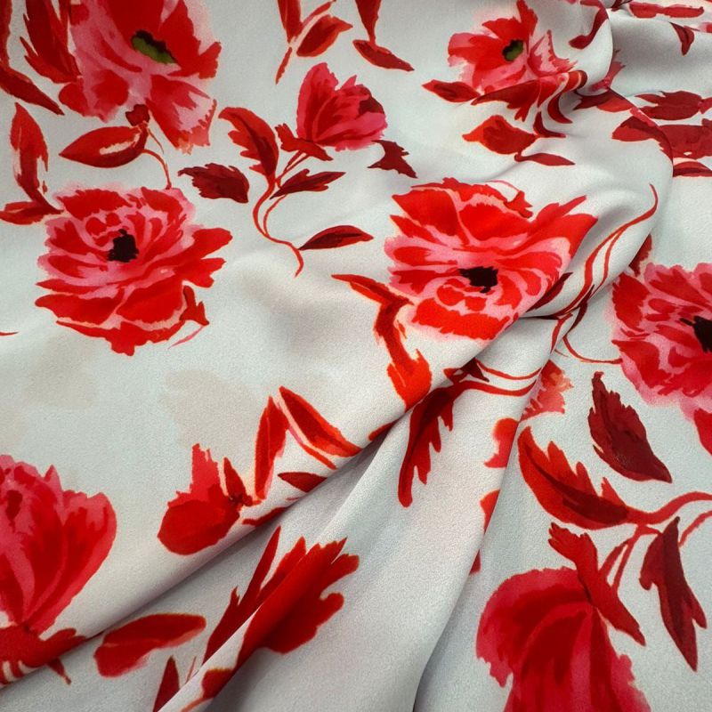 Tecido Cetim Toque De Seda Estampada Floral Vermelho • Conexão Tecidos