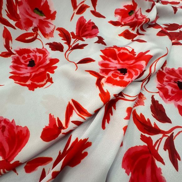 Tecido Cetim Toque De Seda Estampada Floral Vermelho • Conexão Tecidos