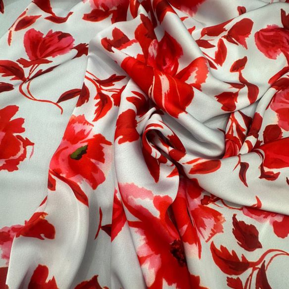 Tecido Cetim Toque De Seda Estampada Floral Vermelho • Conexão Tecidos