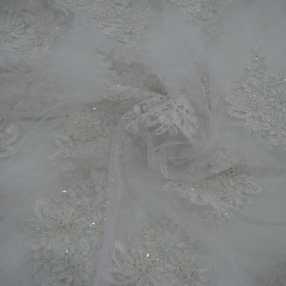 Tecido Tule Bordado Pedrarias Branco Off White • Conexão Tecidos