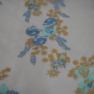 Tecido Tule Bordado Dourado E Azul • Conexão Tecidos