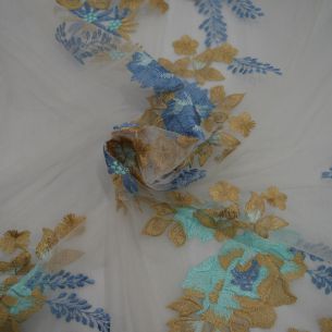 TULE BORDADO DOURADO E AZUL • Conexão Tecidos 2