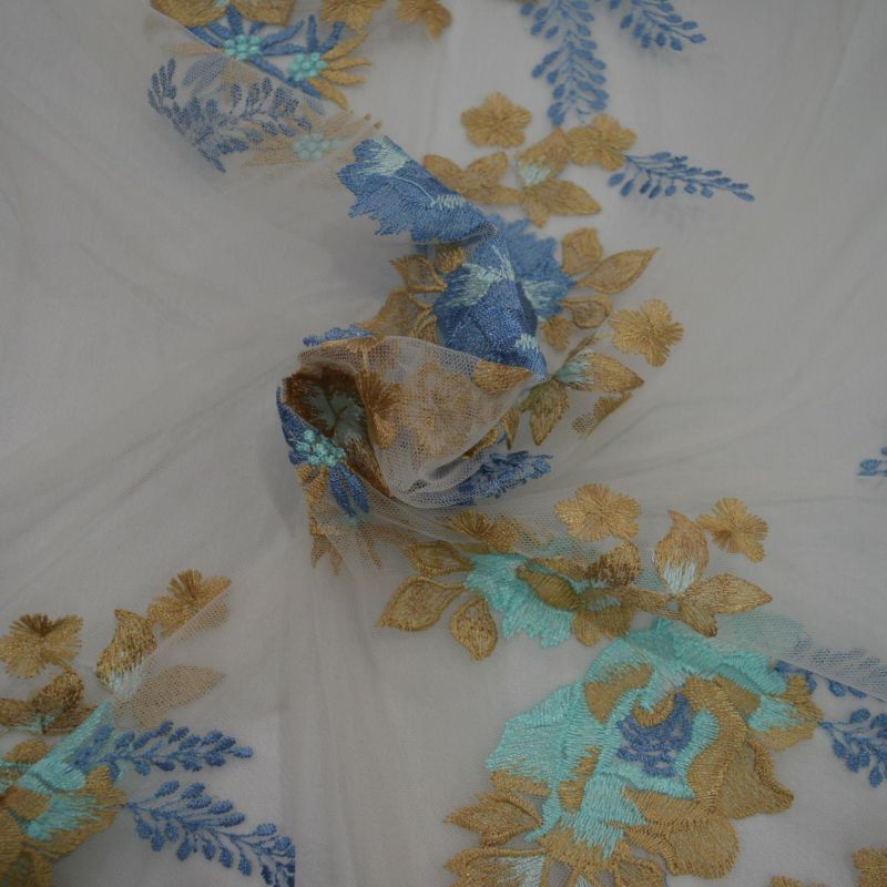 Tecido Tule Bordado Dourado E Azul • Conexão Tecidos