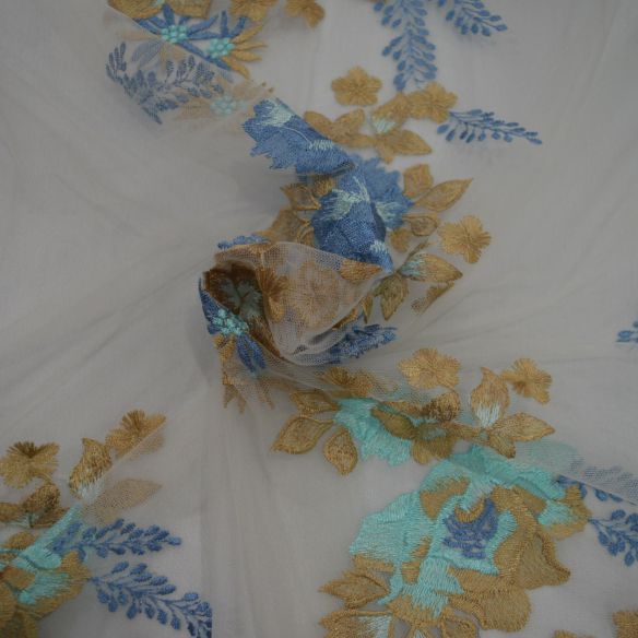 TULE BORDADO DOURADO E AZUL • Conexão Tecidos