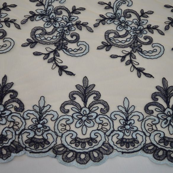 Tecido Tule Bordado Dourado E Azul • Conexão Tecidos