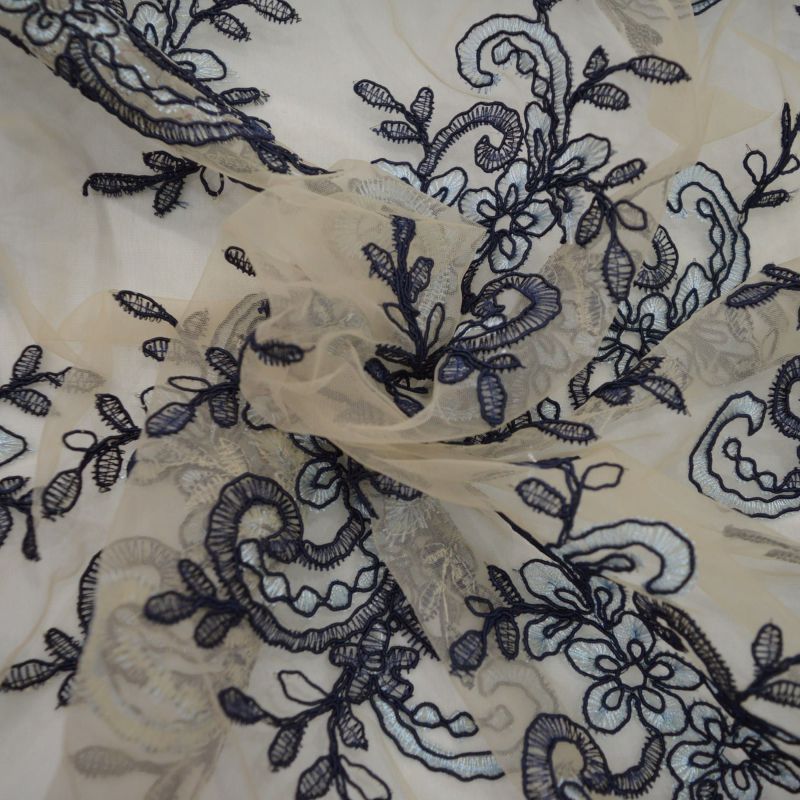 Tecido Tule Bordado Dourado E Azul • Conexão Tecidos