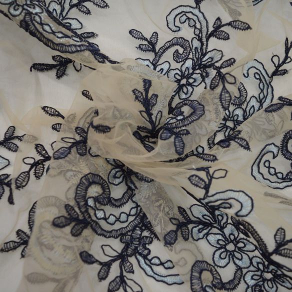 Tecido Tule Bordado Dourado E Azul • Conexão Tecidos