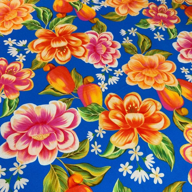 Tecido Crepe De Viscose Estampado Floral Azul • Conexão Tecidos