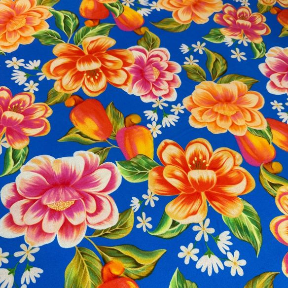 Tecido Crepe De Viscose Estampada Floral Azul • Conexão Tecidos