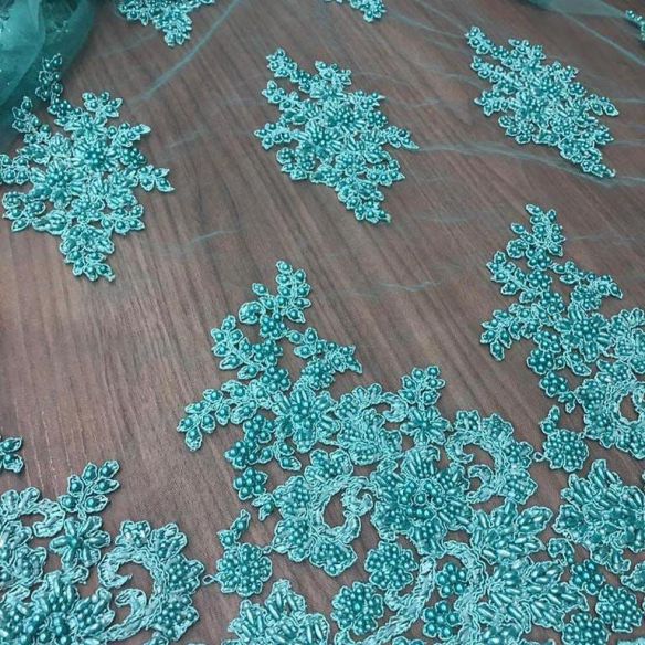 Tecido Tule Bordado Com Pedrarias Verde Tifany • Conexão Tecidos