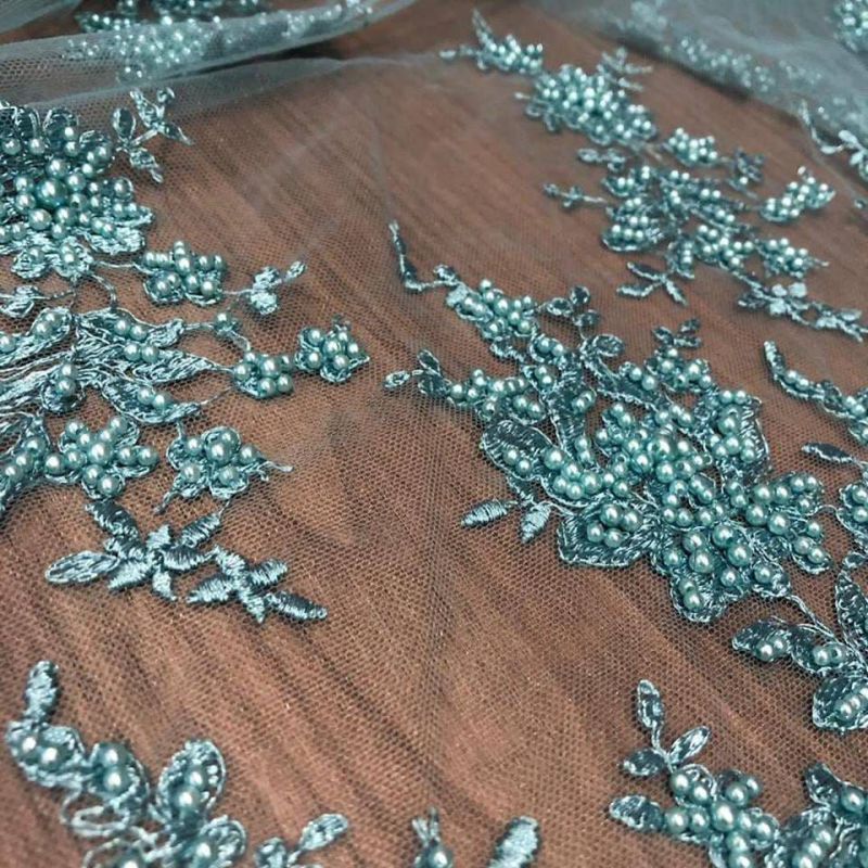 Tecido Tule Bordado Com Pedrarias Verde Tifany 1 • Conexão Tecidos