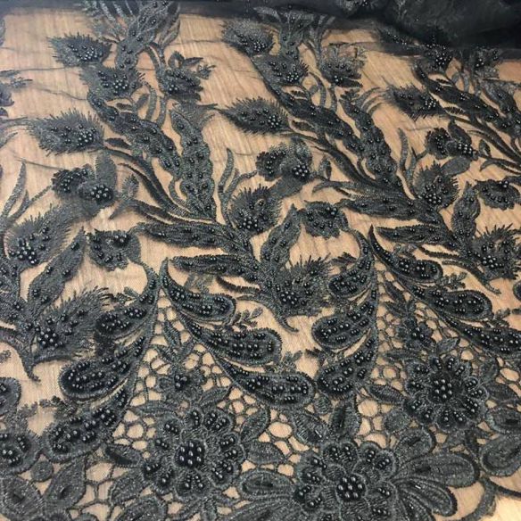 Tecido Tule Bordado Com Pedrarias Preto • Conexão Tecidos