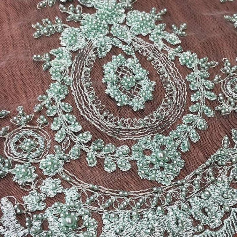 Tecido Tule Bordado Com Pedrarias Verde Água • Conexão Tecidos