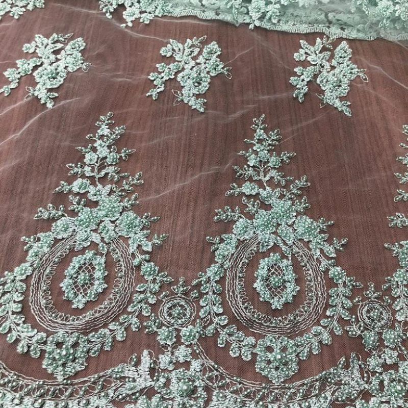 Tecido Tule Bordado Com Pedrarias Verde Água • Conexão Tecidos