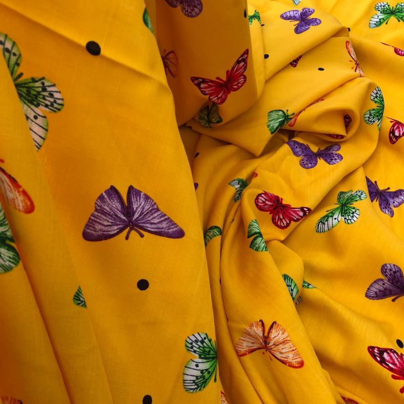 Tecido Viscolinho Estampado Borboletas Amarelo • Conexão Tecidos