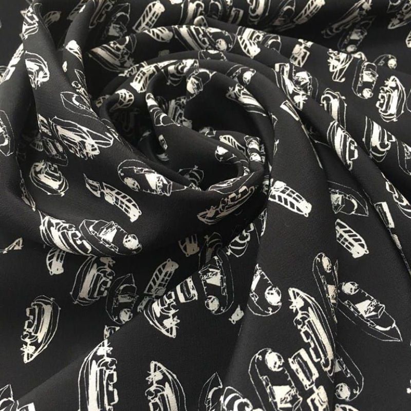 Tecido Crepe de Chine Estampado Italiano Barcos • Conexão Tecidos