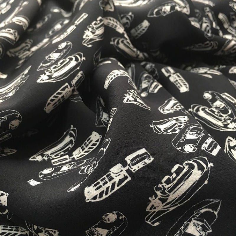 Tecido Crepe de Chine Estampado Italiano Barcos • Conexão Tecidos
