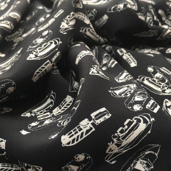Tecido Crepe de Chine Estampado Italiano Barcos • Conexão Tecidos