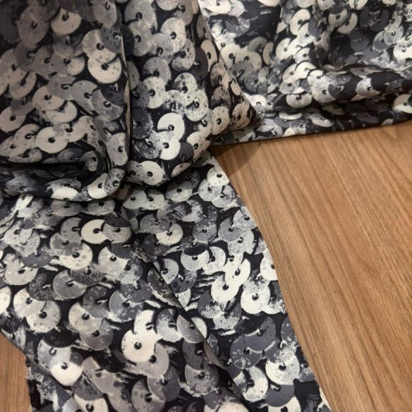 Tecido Cetim de Seda Estampado Paetê 3D Black • Conexão Tecidos