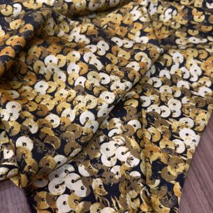 Tecido Cetim de Seda Estampado Paetê 3D Gold • Conexão Tecidos