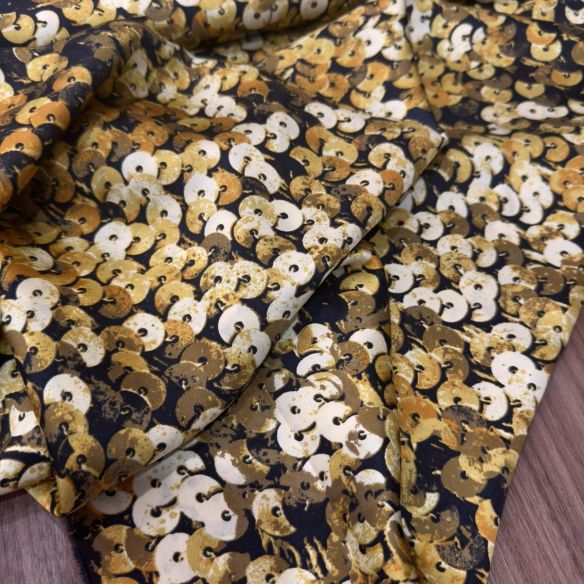 Tecido Cetim de Seda Estampado Paetê 3D Gold • Conexão Tecidos