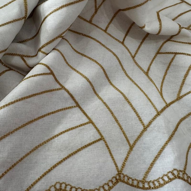 Tecido Linho Misto Off White Bordado Campina Dourada • Conexão Tecidos