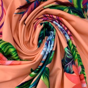 Tecido Malha Neoprene Tropical Coral Paraíso • Conexão Tecidos