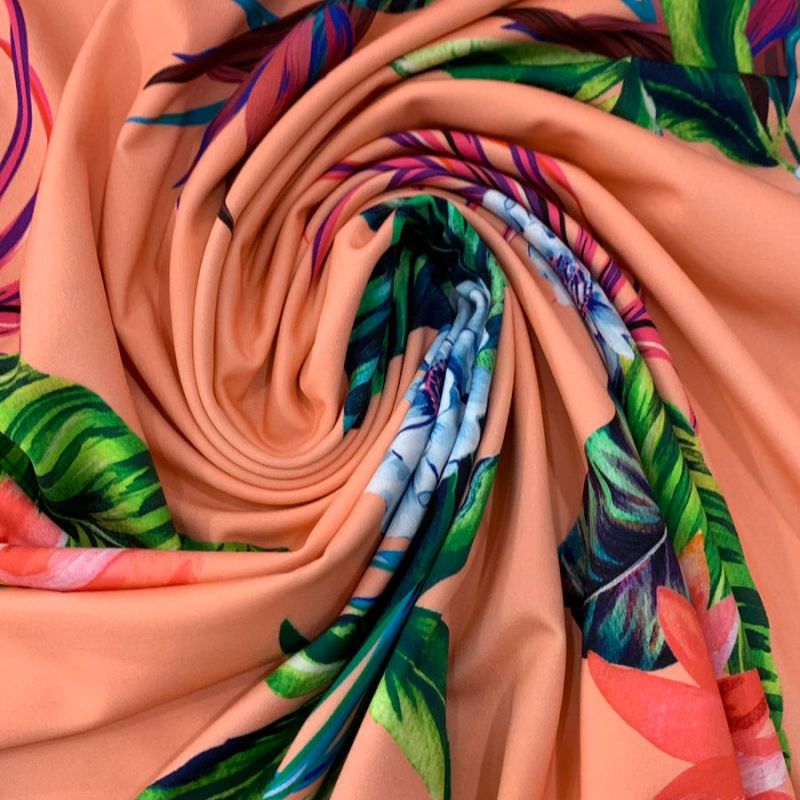Tecido Malha Neoprene Tropical Coral Paraíso • Conexão Tecidos