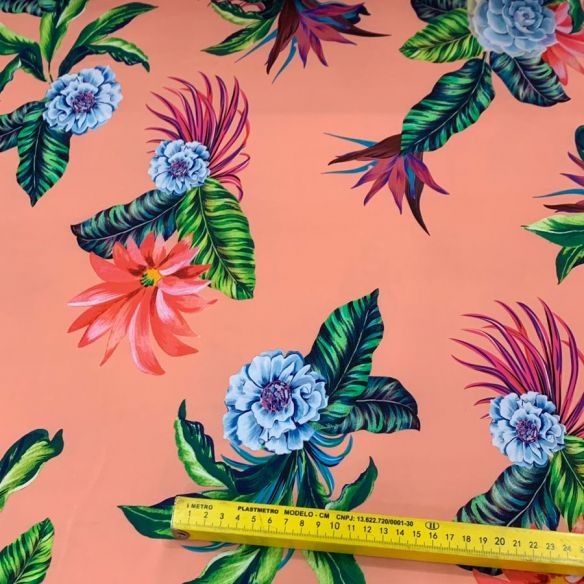 Tecido Malha Neoprene Tropical Coral Paraíso • Conexão Tecidos