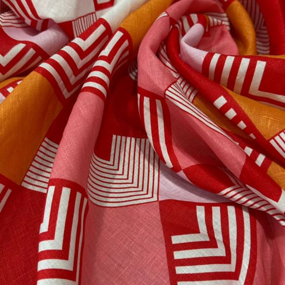 TECIDO CAMBRAIA DE LINHO PURO ABSTRATO VERMELHO • Conexão Tecidos