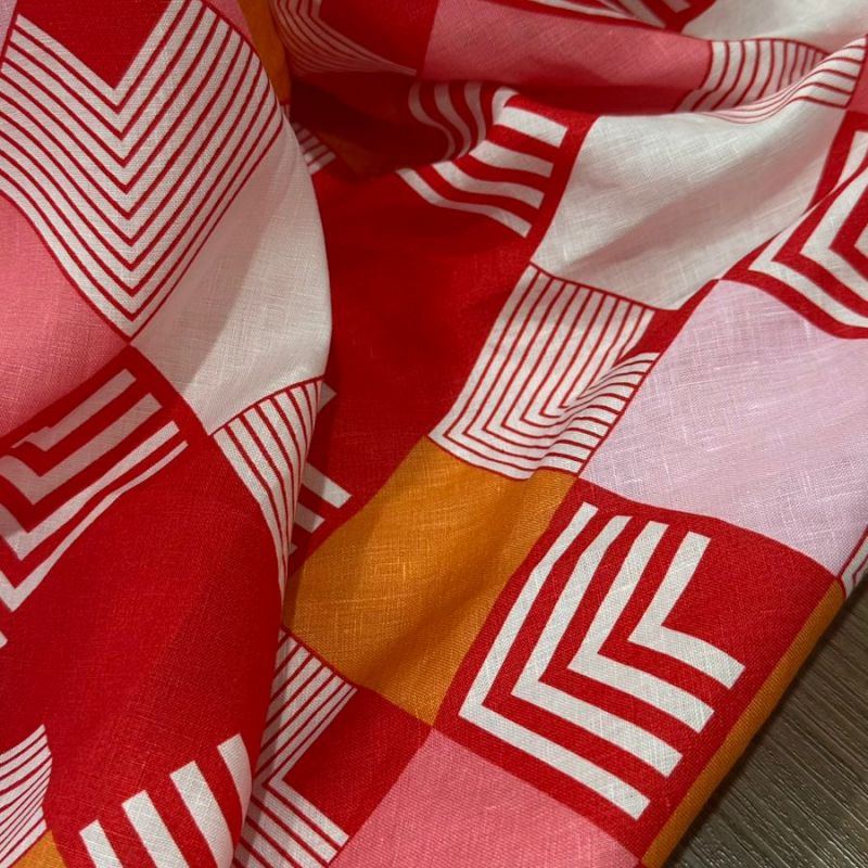 TECIDO CAMBRAIA DE LINHO PURO ABSTRATO VERMELHO • Conexão Tecidos