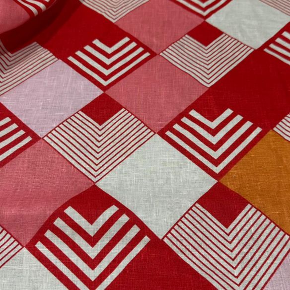 TECIDO CAMBRAIA DE LINHO PURO ABSTRATO VERMELHO • Conexão Tecidos