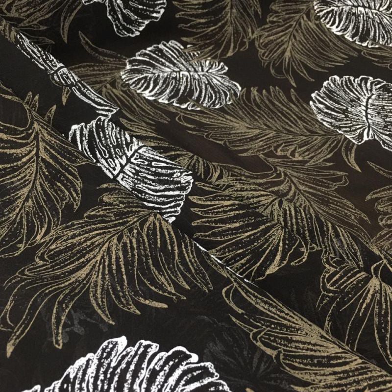 Tecido Musselina Seda Pura Folhagem Tropical Ébano • Conexão Tecidos