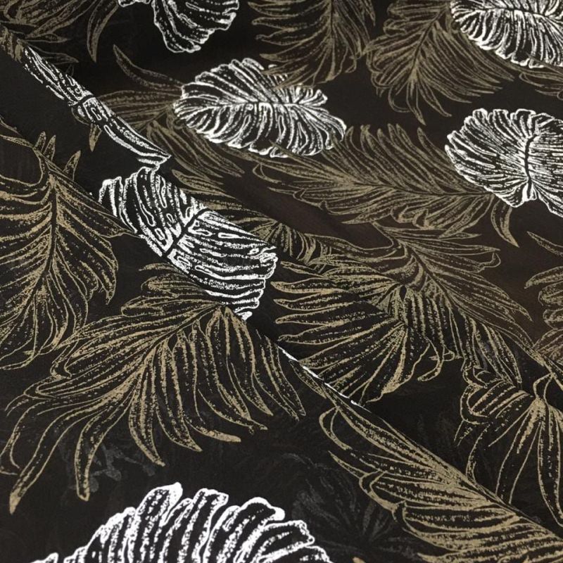 Tecido Musseline Seda Pura Folhagem Tropical Ébano • Conexão Tecidos