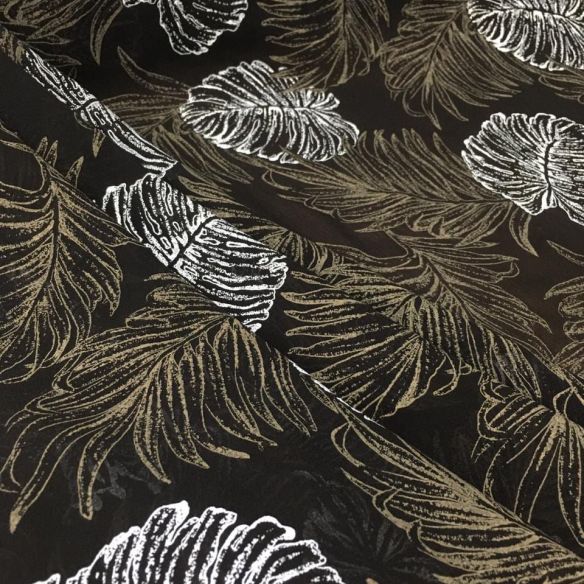 Tecido Musseline Seda Pura Folhagem Tropical Ébano • Conexão Tecidos