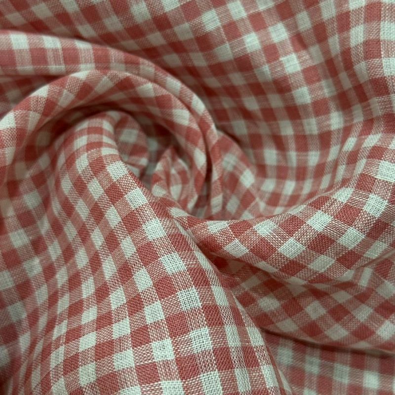TECIDO CAMBRAIA DE LINHO PURO XADREZ ROSÉ. 
