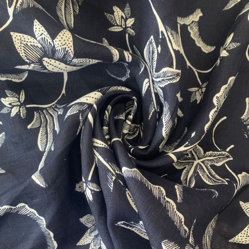 TECIDO CAMBRAIA DE LINHO PURO FLORAL MARINHO • Conexão Tecidos
