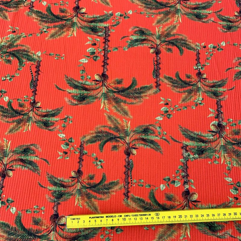 Tecido Malha Canelada Estampada Coconut Tree • Conexão Tecidos