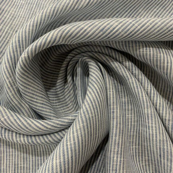 TECIDO LINHO PURO LISTRAS AZUL DELAVÊ. 