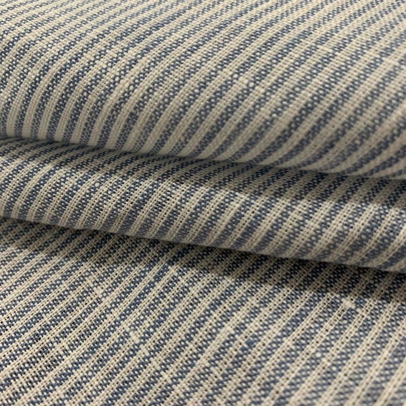 TECIDO LINHO PURO LISTRAS AZUL DELAVÊ. 