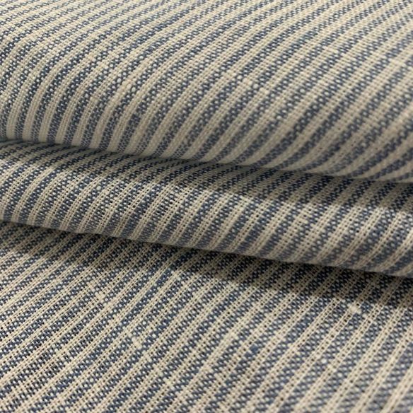 TECIDO LINHO PURO LISTRAS AZUL DELAVÊ. 