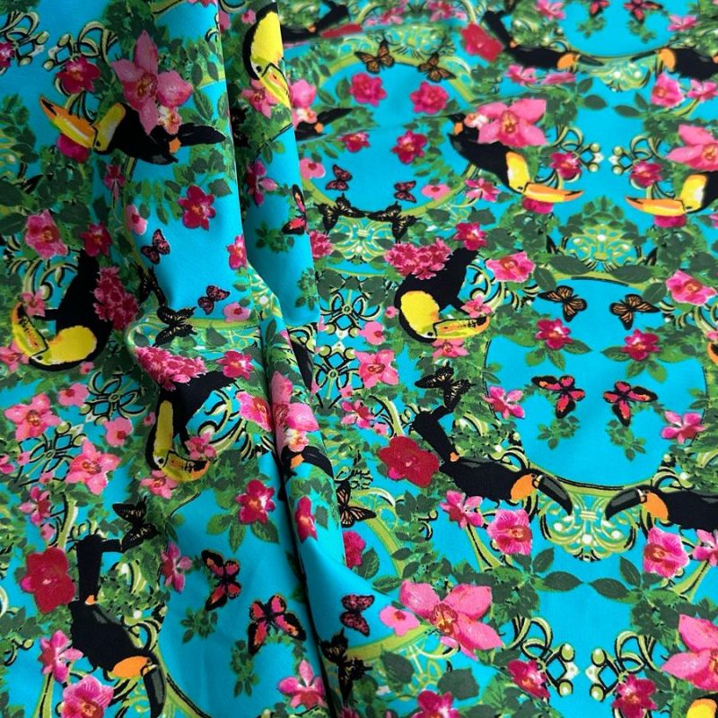 Tecido Fluity Estampado Tucanos • Conexão Tecidos