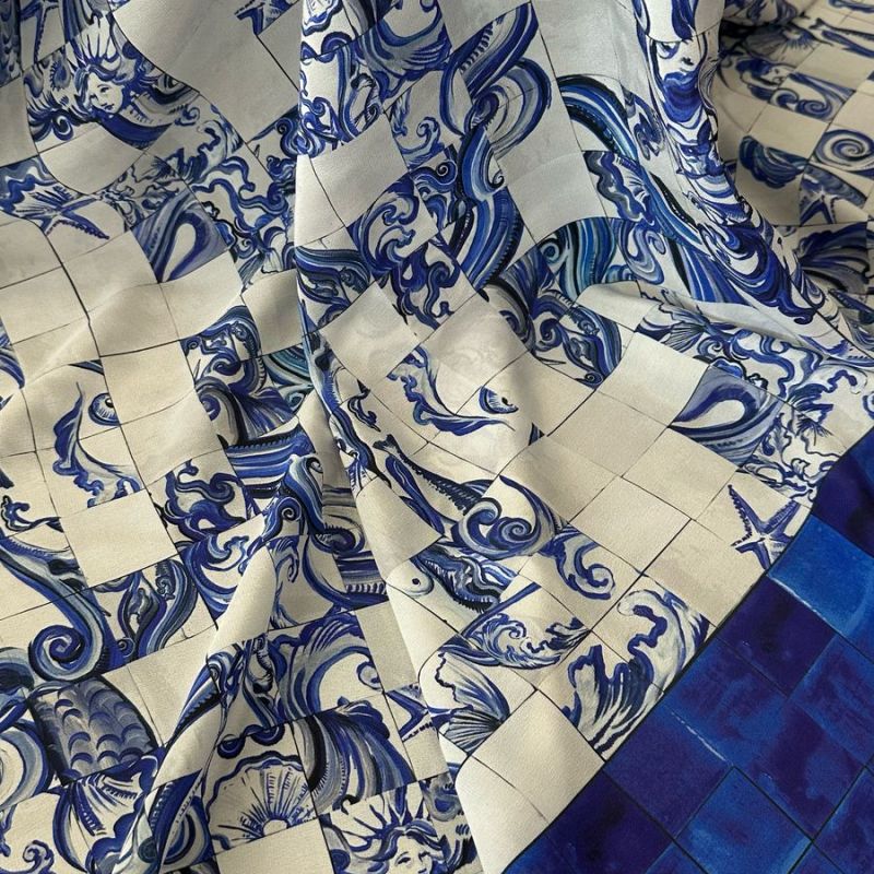 Tecido Crepe de Chine Estampado Barrado Blue • Conexão Tecidos
