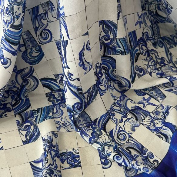 Tecido Crepe de Chine Estampado Barrado Blue • Conexão Tecidos